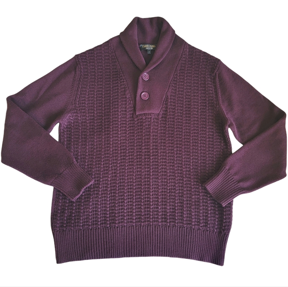 Vintage Harry Rosen Shawl Sweater Burgundy Merino Wool Blend Pullover Ac…
